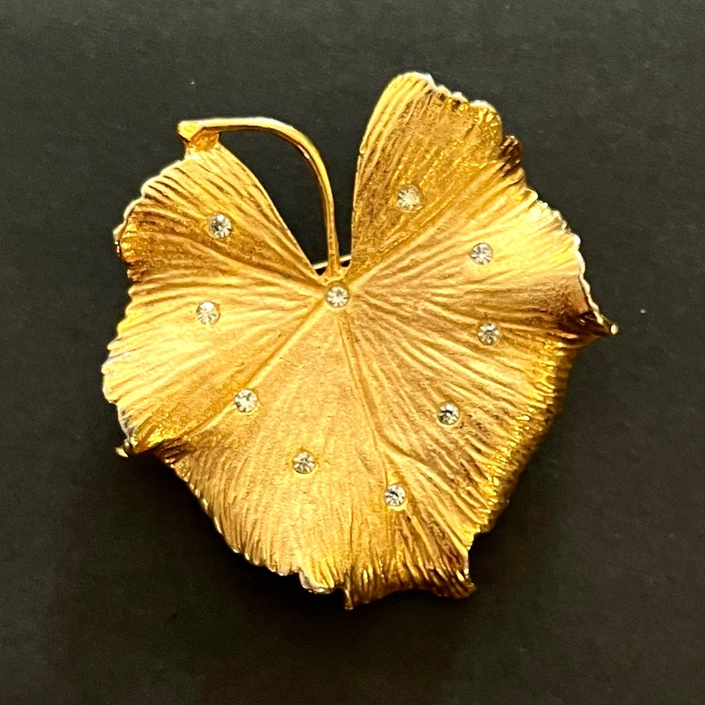 Vintage Coro Gold-Tone Textured Leaf Brooch 2x2 Rhinestone Statement Pin Signed